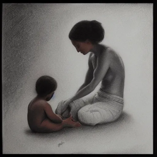 Prompt: This body art is beautiful because of its harmony of colors and its simple but powerful composition. The artist has created a scene of peaceful domesticity, with a mother and child in the center, surrounded by a few simple objects. The colors are muted and calming, and the overall effect is one of serenity and calm. pencil drawing, graphite by Nora Heysen incredible