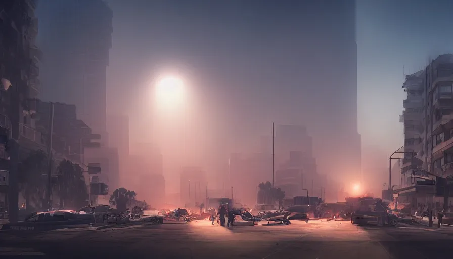 Image similar to damaged los angeles at sunset, light between the buildings, people fleeing the streets, ambulance and police cars in the streets, smoke fog, desolation, hyperdetailed, artstation, cgsociety, 8 k