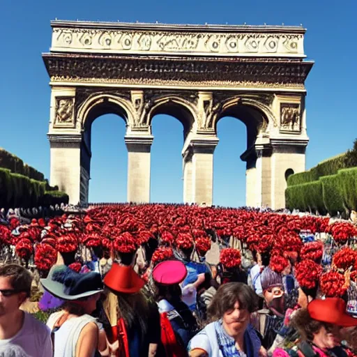 Image similar to a large group of people wearing clown hats marching in formation through the arc de thriump.