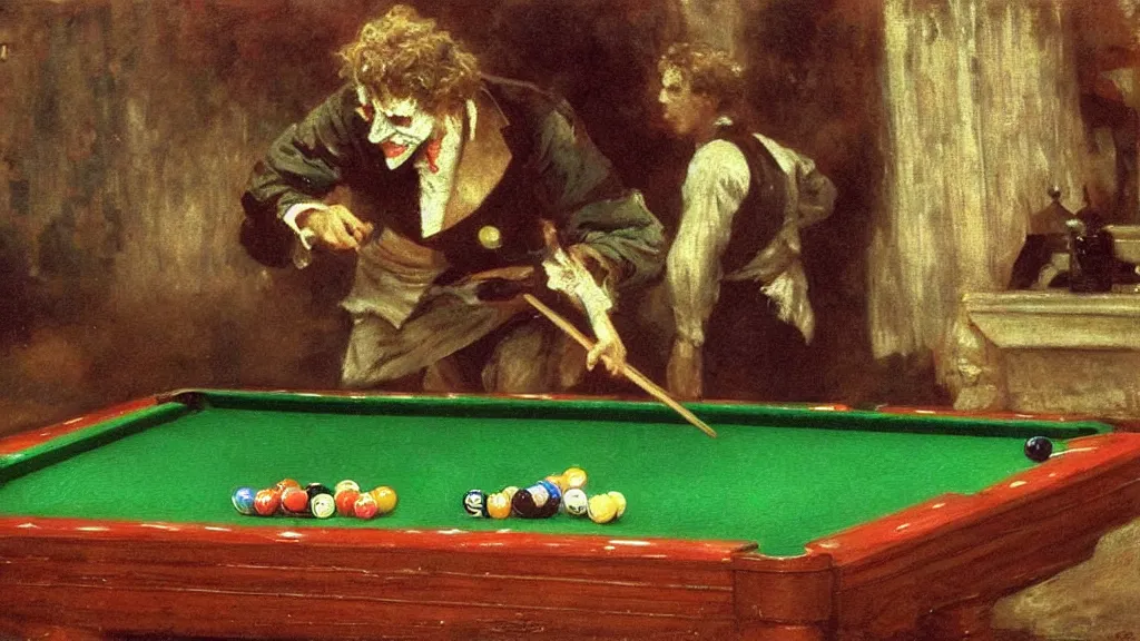 Prompt: high quality high detail painting by ilya repin, the joker playing pool hd