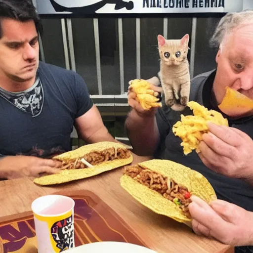 Image similar to a sad man eating taco bell with begging kittens looking at him