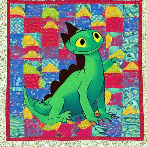 Image similar to adorable dragon in the style of how to train your dragon sitting on a pile of quilts