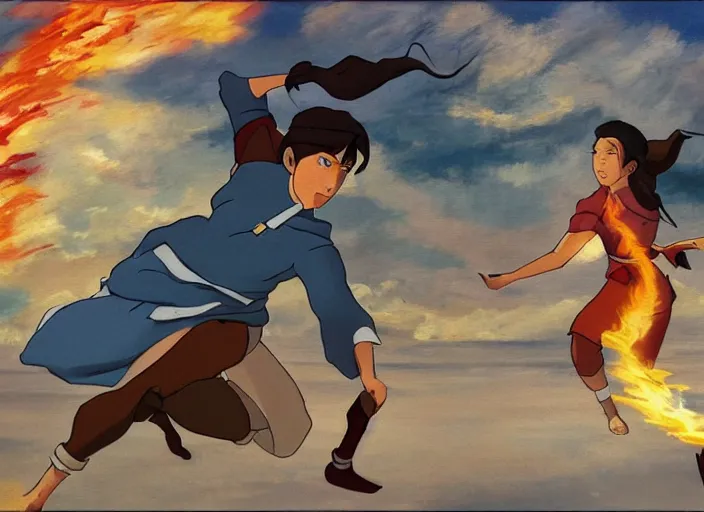 Prompt: an impressionist painting of a scene from Legend of Korra, Korra firebending, impressionist style