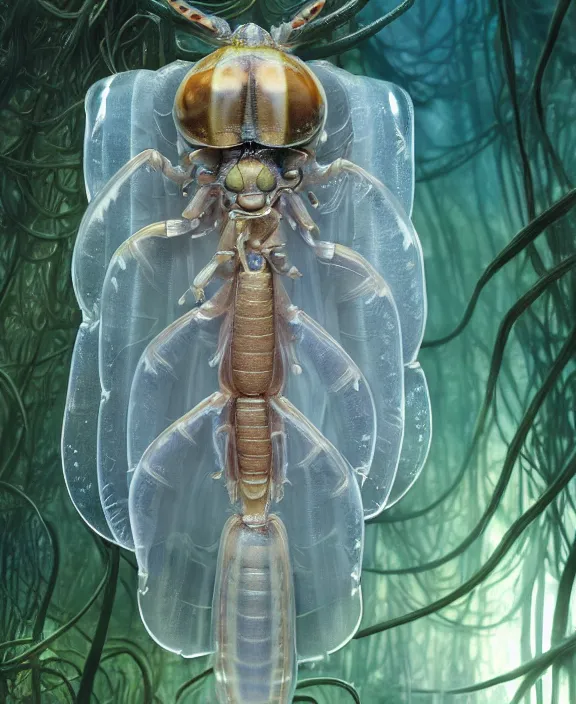 Image similar to opulent transparent clear see - through portrait of a terrifying beautiful male alien isopod, mottled coloring, adorable, childlike, overgrown biopunk jungle environment, ultra realistic, concept art, art nouveau, photorealistic, octane render, 8 k, unreal engine. art by christopher marley and artgerm and greg rutkowski and alphonse mucha