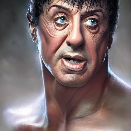 Prompt: close up cringy sylvester stallone as a dhampir, elegant, highly detailed, centered, digital painting, artstation, concept art, smooth, sharp focus, illustration, artgerm, tomasz alen kopera, peter mohrbacher, donato giancola, joseph christian leyendecker, wlop, frank frazetta