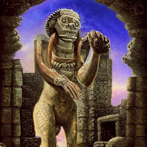 Prompt: creatures that inhabit the ancient aztec ruins by anne stokes and gustave dore