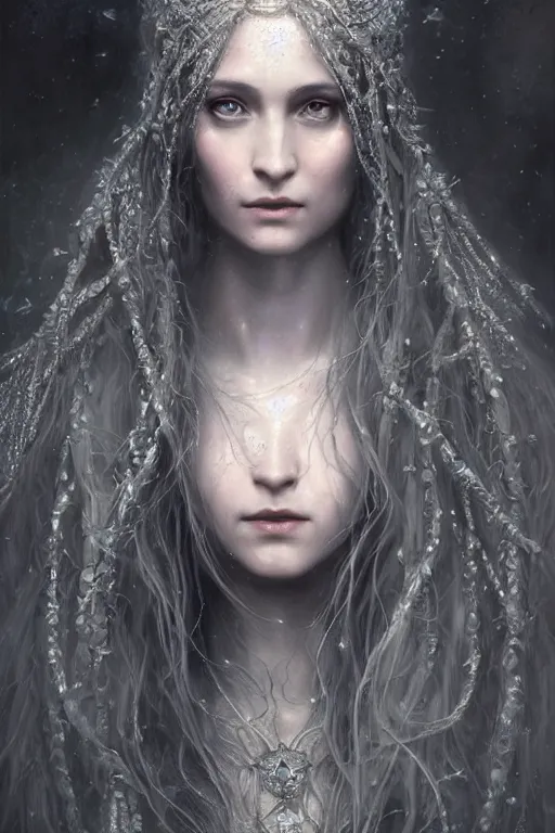 Image similar to realistic portrait of beautifully crystalized and detailed portrait of a elvish witch, matte painting of cinematic movie scene, dark fantasy, created by gustave dore and greg rutkowski, high detailed, smooth draw, synthwave neon retro, intricate, realistic proportions, dramatic lighting, trending on artstation.