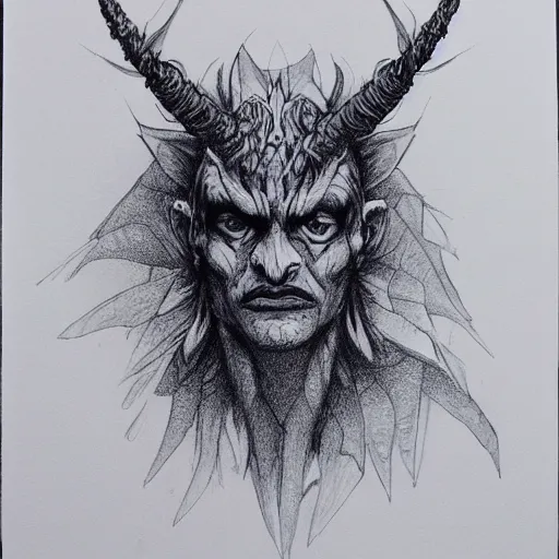 Prompt: ballpoint pen art of a demon, scribble, etching