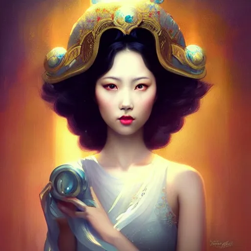 Image similar to gorgeous asian woman by tom bagshaw, artgerm, jeremiah ketner, beeple and charlie bowater, soft lighting, solid background,