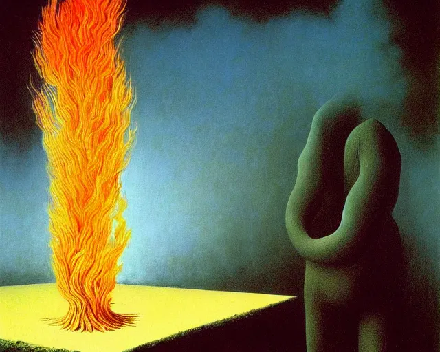 Image similar to fire painting by magritte and beksinski.