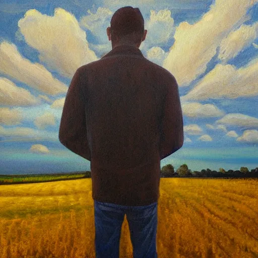 Prompt: a man standing in a open field with a rift in the sky, wide angle shot, hd, intricate detail, painting