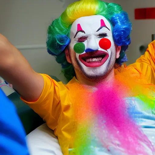 Prompt: a clown on a hospital bed wearing a rainbow colored wig surrounded by terrified doctors and nurses watching how he sprouts a stream of colorful confetti after being punctured in the arm