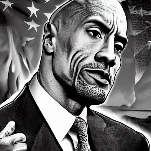 Image similar to the rock is the president of the united states, illustration, realistic, cinematic