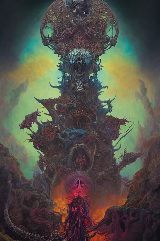 Image similar to gigantic psychedelic demonic cosmic skull lord of death and hell fire, fantasy painting, ultra realistic, wide angle, art nouveau, intricate details, rainbowshift, vivid colors, highly detailed by peter mohrbacher, h. r. giger, maxfield parrish, gustave dore, craig mullins, octane render, cgi