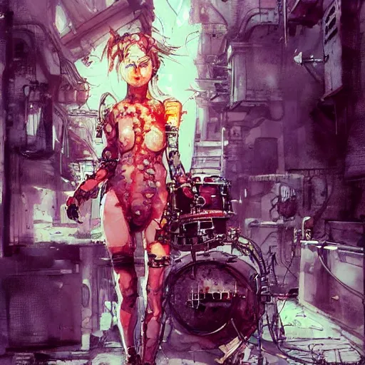 Image similar to Octopus girl playing R&R drum kit, cyberpunk, realistic, detailed, Industrial Scifi, paint, watercolor, in the style of Ashley Wood and Wadim Kashin