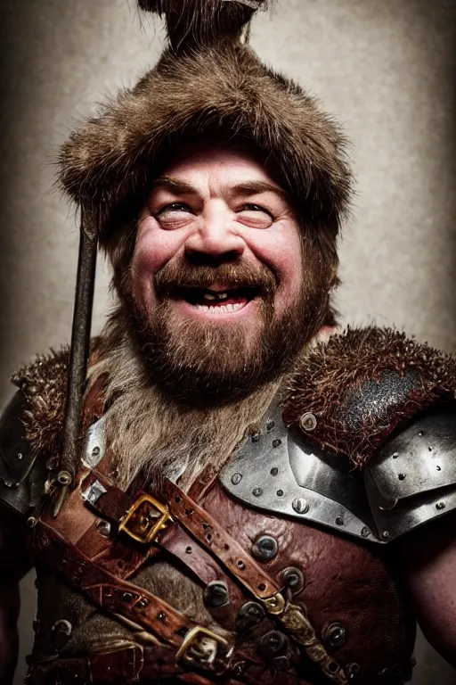 Image similar to head and shoulders portrait in a tavern of a dwarf adventurer, jovial, scarred lip, grandfatherly, leather armor, male, high fantasy, d & d, face details, extremely detailed, esquire magazine photo
