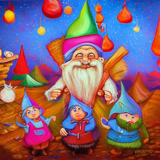 Image similar to gnome party before sunrise, a detailed painting by Meno Mühlig