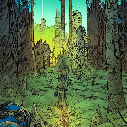 Prompt: ligne claire art of a druid in postapocalyptic city intertwined with nature in the open space, by moebius, bright colors, eisner award - winning spread