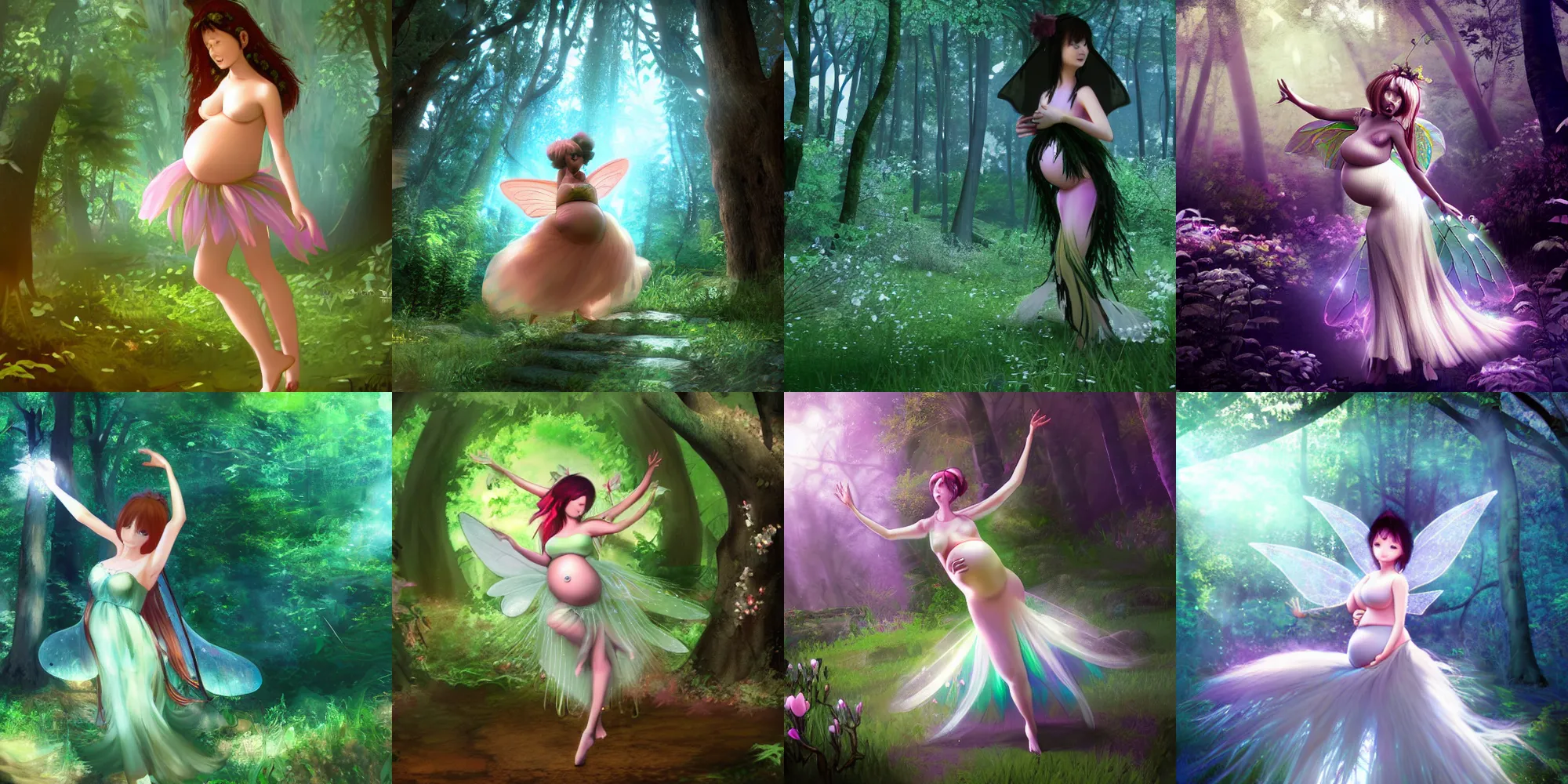 Prompt: lantti irres as a beautiful pregnant fairy dancing in a forest, cryengine, pixiv