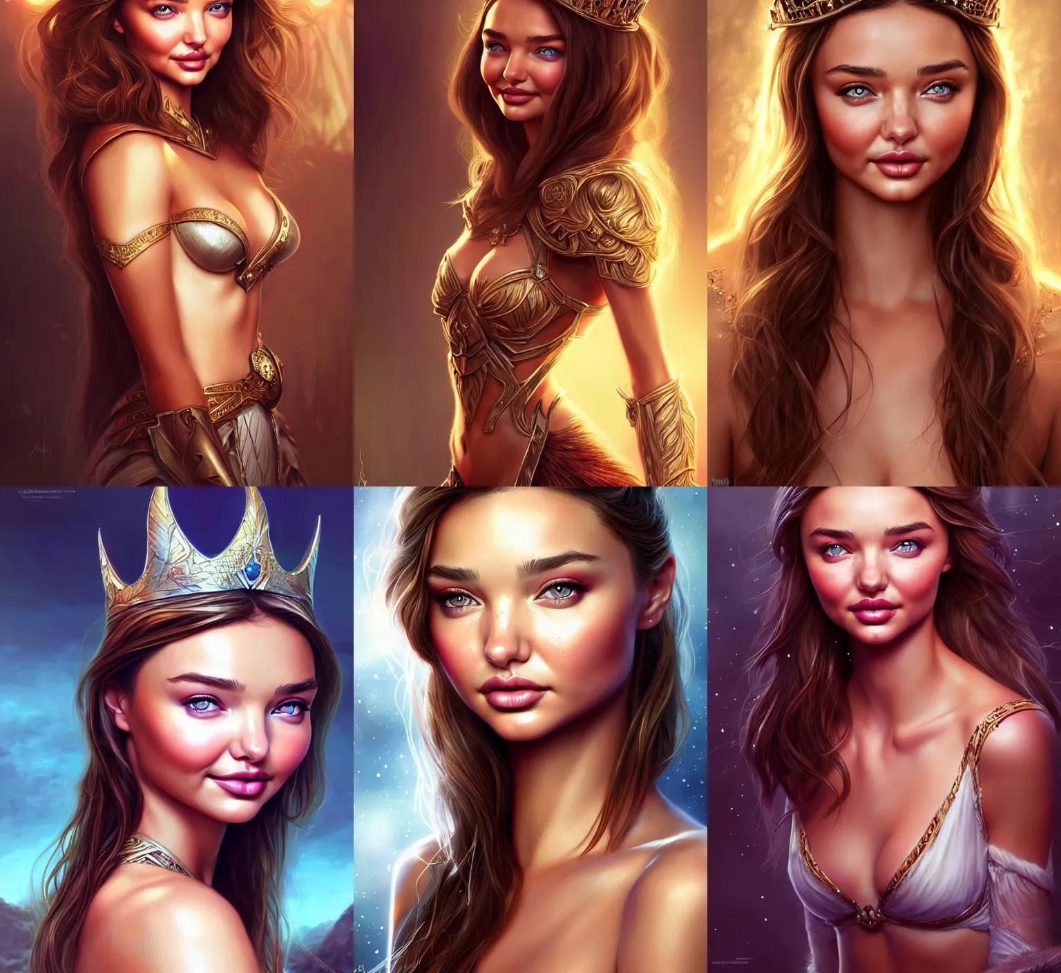 Prompt: portrait of a young beautiful queen,Miranda Kerr, upper body, attractive body, D&D, fantasy, intricate, cinematic lighting, highly detailed, digital painting, artstation, concept art, smooth, sharp focus, illustration, art by Artgerm
