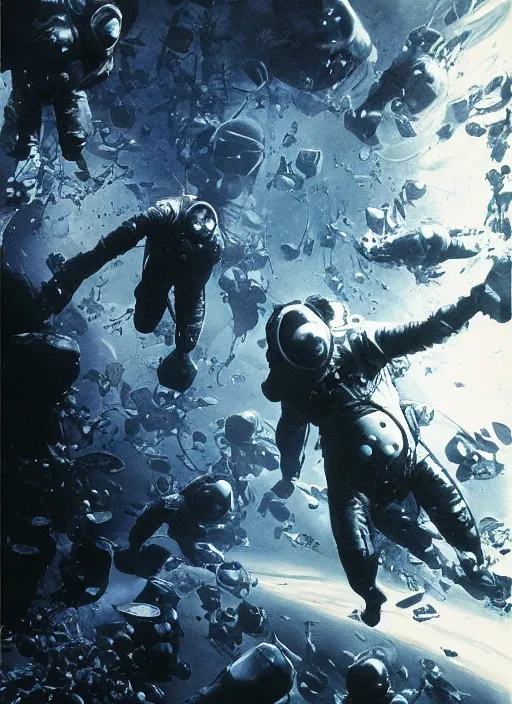 Image similar to astronauts in dark void underwater - complex and hyperdetailed technical suit. reflection and dispersion materials. rays and dispersion of light. volumetric light. f / 3 2. noise film photo. flash photography. ultra realistic, wide angle. poster by wayne barlowe, hajime sorayama aaron horkey, craig mullins