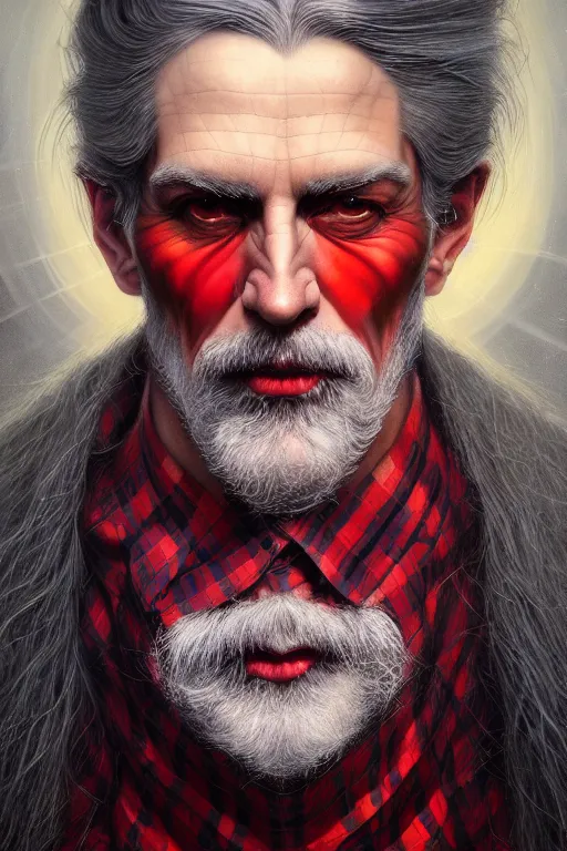 Image similar to a man wear plaid red shirt + long grey hair is the man who know everything in the universe by karol bak, james jean, tom bagshaw, rococo, sharp focus, trending on artstation, cinematic lighting, hyper realism, octane render, 8 k, hyper detailed, vivid, ultra detailed, highly detailed