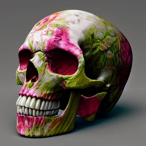 Prompt: hyperrealistic painting of a flower marble skull, octane detailed render, intricate, epic composition, cinematic lighting, statue masterpiece, trending on artstation, masterpiece, stunning, hdr, smooth, sharp focus, high resolution, award, winning photo, dslr