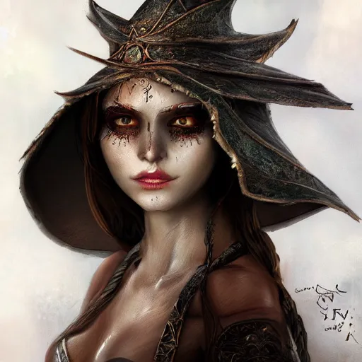 Image similar to higly detailed full body character art of a high fantasy sorceres eyes covered by a pointy mage hat, full body, highly detailed, photo realistic, dark fantasy atmosphere, froggy, 8K, matte-painting