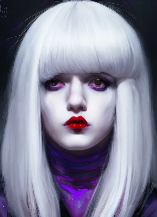 Image similar to portrait of white teenage girl, normal face, white bangs, mall goth, cyberlox, black and white hair, bangs, fluffy bangs, red contact lenses, purple lipstick, intricate, elegant, highly detailed, digital painting, artstation, concept art, sharp focus, smooth, illustration, art by wlop, mars ravelo and greg rutkowski