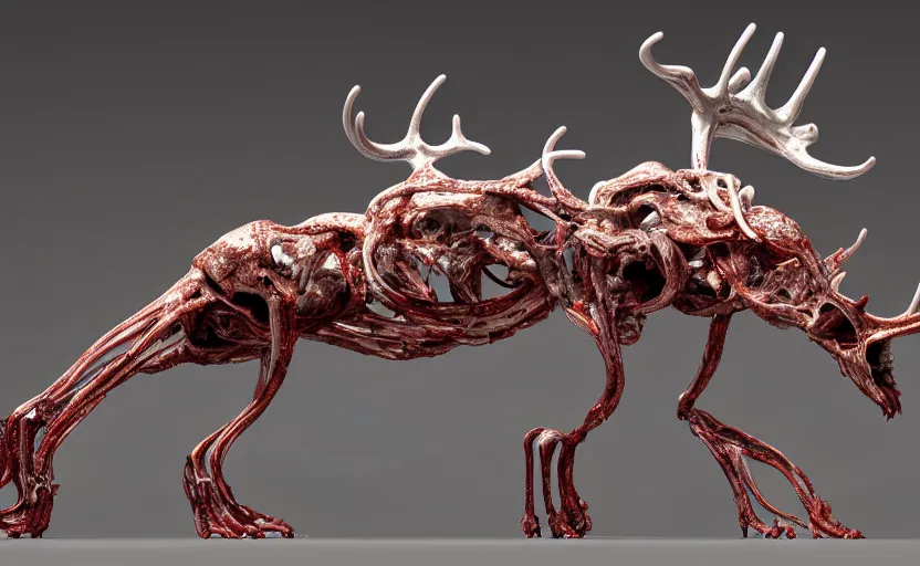 Image similar to stylized shiny polished silver statue full body bizarre extra limbs cosmic horror quadruped animal moose deer skull four legs made of marble of slug worm creature tendrils perfect symmetrical body perfect symmetrical face hyper realistic hyper detailed by johannen voss by michelangelo octane render blender 8 k displayed in pure white studio room anatomical deep red arteries veins flesh hell