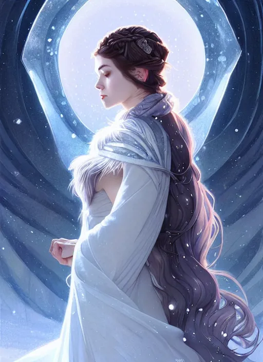 Image similar to a beautiful cinematic female winter goddess, cristal dress, ice wing, galatic shamen with quantum energy fantasy, fantasy magic, undercut hairstyle, dark light night, intricate, elegant, sharp focus, illustration, highly detailed, digital painting, concept art, matte, art by wlop and artgerm and greg rutkowski and alphonse mucha, masterpiece