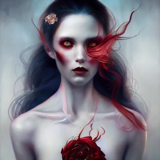 Image similar to princess of darkness, style of tom bagshaw, artgerm, james jean, piercing eyes, long glowing red hair, cinematic, highly detailed, award winning