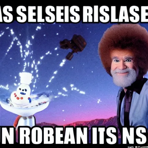 Prompt: Bob Ross Scenery with Robot Alien Snowmen Shooting Laser Beams at Things in the sky. Epic Amazing Insanity. Salvia Droid Joker .