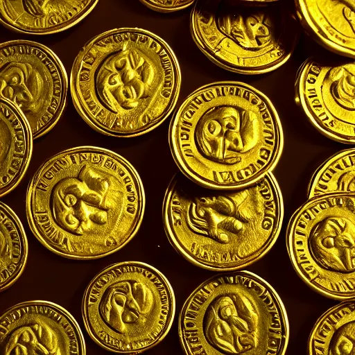 Prompt: A pile of ancient gold coins with the Yoda on them, cinematic, hyper realism, high detail, octane render, 8k