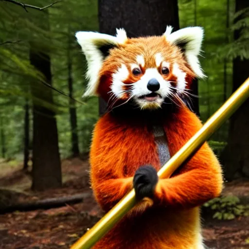 Prompt: photo of a humanoid red panda dressed in armor with a golden helmet on the head, hold axe in the forest