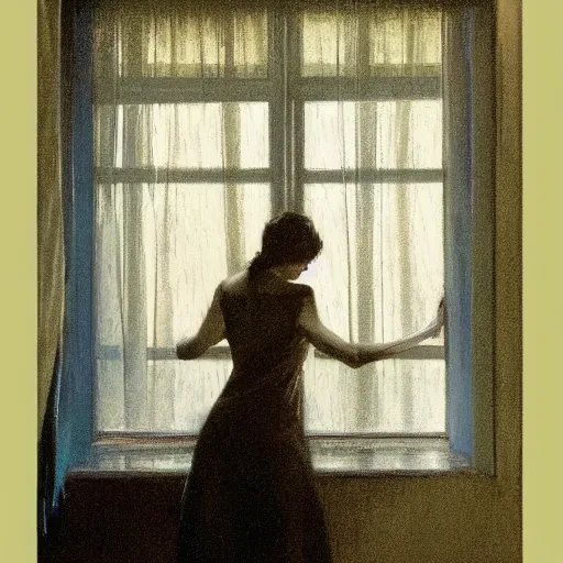 Prompt: silhouette of a woman gazing out her hotel window at the rain, extremely detailed masterpiece, oil on canvas, low-key neon lighting, in the world of Andrew Wyeth, artstation, by J. C. Leyendecker and Peter Paul Rubens,