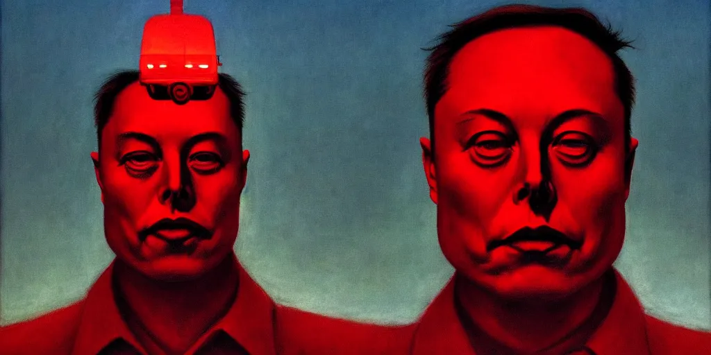 Image similar to elon musk totalitarian dictator in the style of beksinski, parts by edward hopper, parts by rodcenko, parts by yue minjun, intricate and epic composition, red by caravaggio, insanely quality, highly detailed, masterpiece, red light, war propaganda, artstation, 4 k