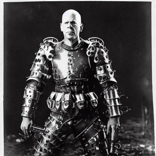 Image similar to old black and white photo, 1 9 1 3, depicting bruce willis in combat armor with guns, historical record, tentacles around