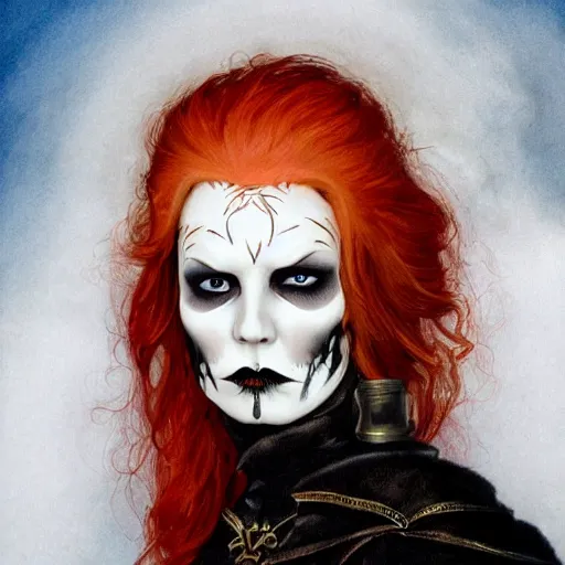 Prompt: ginger woman with skull facepaint and golden eyes, gothic, alphonse much and gerald brom, short red hair, black cloak, sword