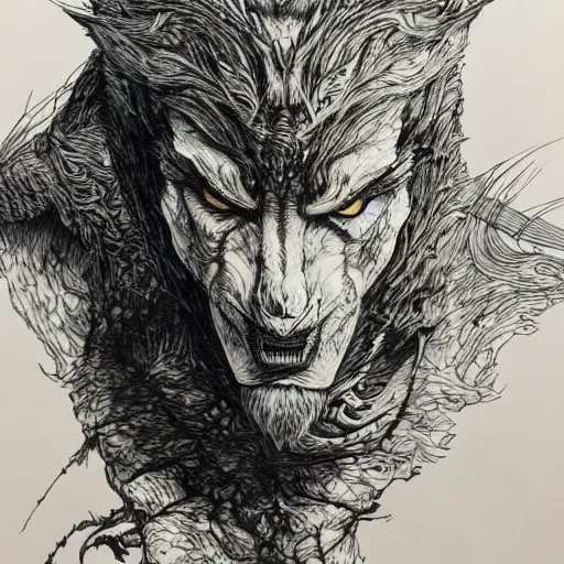 Prompt: Jordan Peterson as a werewolf, pen and ink, intricate line drawings, by Yoshitaka Amano, Ruan Jia, Kentaro Miura, Artgerm, watercolor