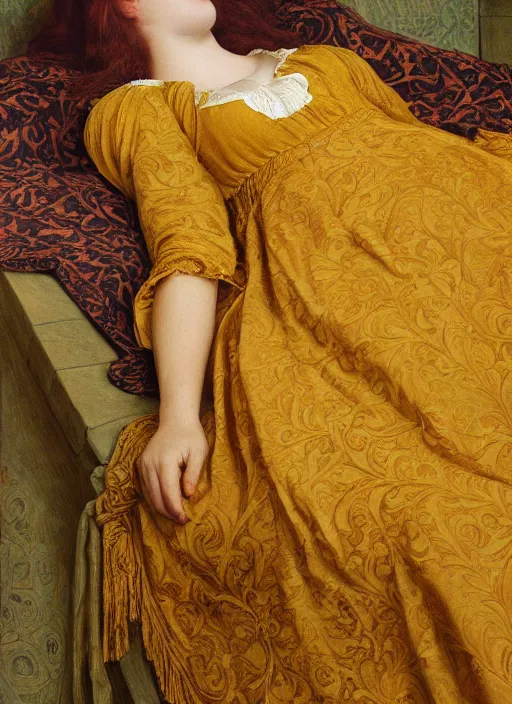 Image similar to preraphaelite photography reclining on bed, big brown fringe, yellow ochre ornate medieval dress, william morris, 4 k