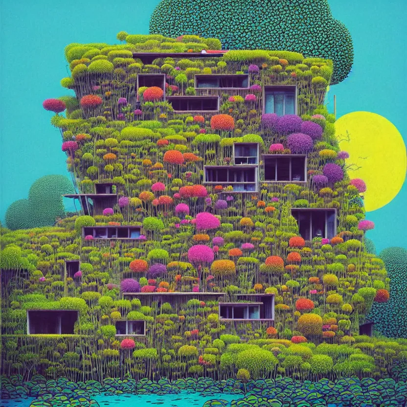 Prompt: surreal glimpse into other universe, a house by kengo kuma on an island, summer morning, very coherent and colorful high contrast, art by!!!! gediminas pranckevicius!!!!, geof darrow, floralpunk screen printing woodblock, dark shadows, hard lighting, stipple brush technique,