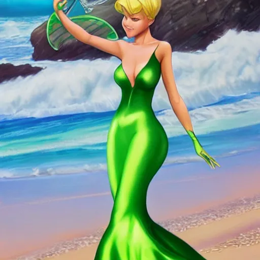 Image similar to beautiful tinkerbell in a skintight green satin prom dress on the beach drawn by artgerm