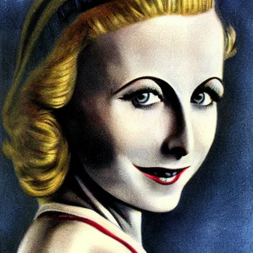 Image similar to a 1 9 2 0 s ultra - realistic color portrait. happy, healthy, beautiful, smiling, young, sporty, blonde, blue - eyed symmetric greta garbo in decent athletic wear. hyper - realistic detailed drawing