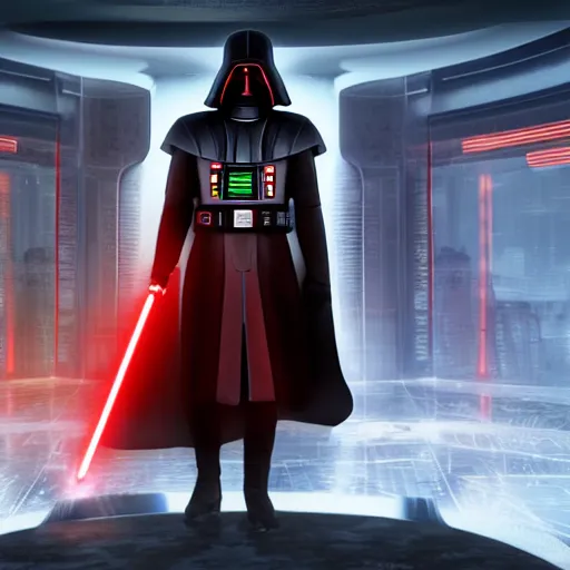 Prompt: photo of Darth Revan walking in a futuristic city in a dystopian future made of electronic components and looks like a giant pcb board. Very detailed 8k. Unreal engine 5 render with nanite, global illumination and path tracing. Cinematic post processing. Emphasize on the colors black and red.