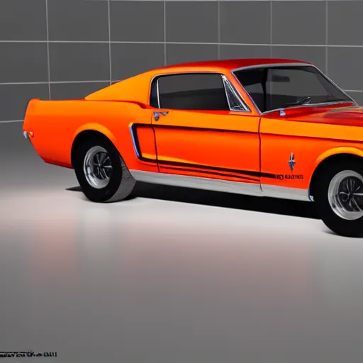 Prompt: ford mustang 1967 model sta ding in a showroom with orange neon lights, 3 render, vray, 8k