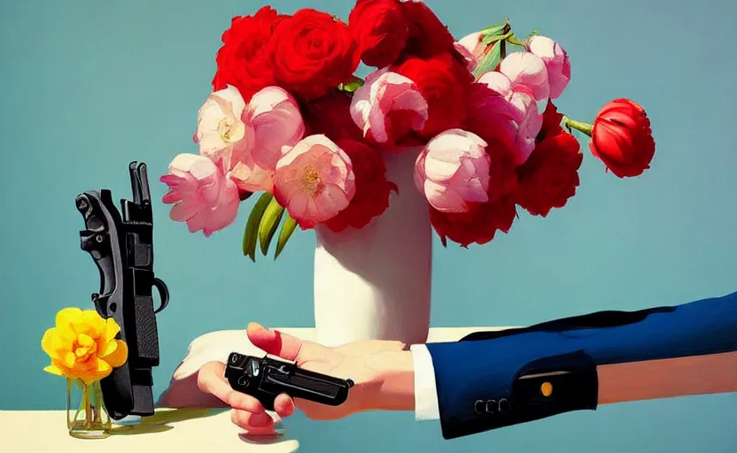 Image similar to beautiful still life featuring blooming flowers and a hand gun, very coherent, painted by Edward Hopper, painted by James Gilleard, airbrush, art by JamesJean