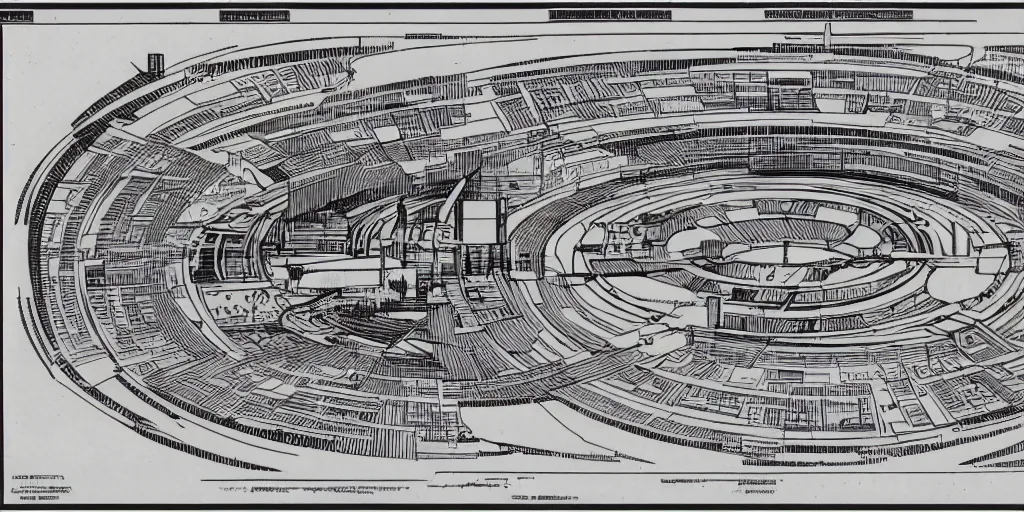 Image similar to architectural schematics of a 1960 science fiction space port, drawn by Ed Wood Jr, in the style of Bauhaus