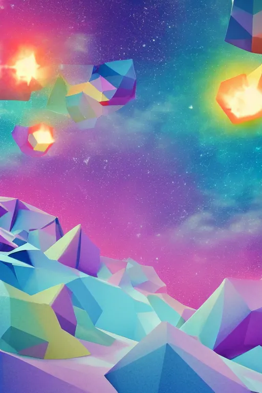 Image similar to geometric 3 d render soft bright pastel rainbow fireball mountains surrounding stars