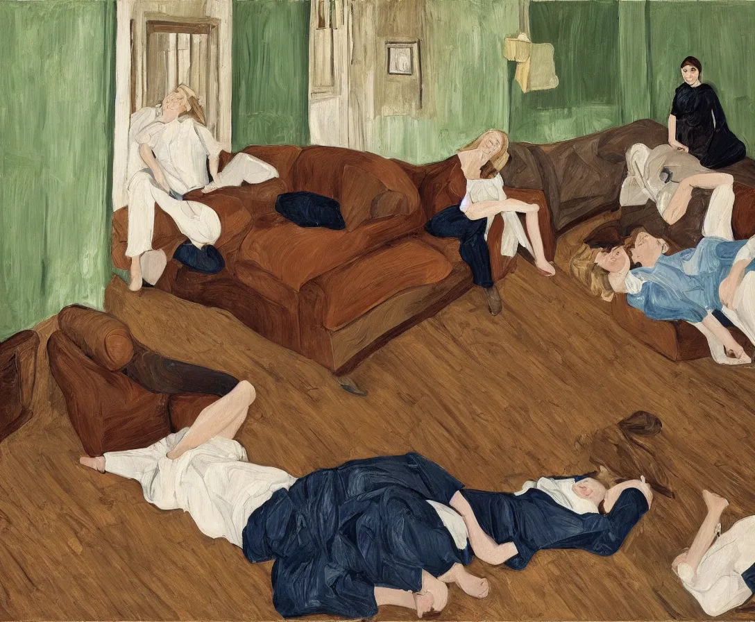Image similar to portrait of two women lying horizontal, in an empty old english apartment with wooden floor on a brown leather sofa. one is wearing a dark blue sweather, the other a white shirt. brown hair, they are looking into the camera. wide shot. in the style of lucien freud. oil painting. green mood. isometric perspective